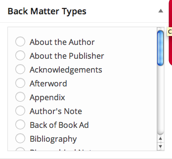 Back matter menu in Pressbooks
