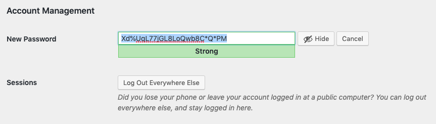 Generated password on the profile settings page.