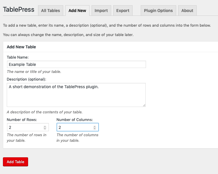 The Add New Table form for the TablePress plugin