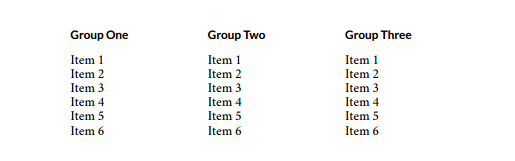 Example of three column display in PDF output