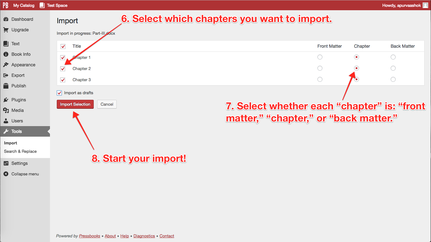 Steps 6, 7, 8: Select which chapters to import, what kind of content they are, and then Start!