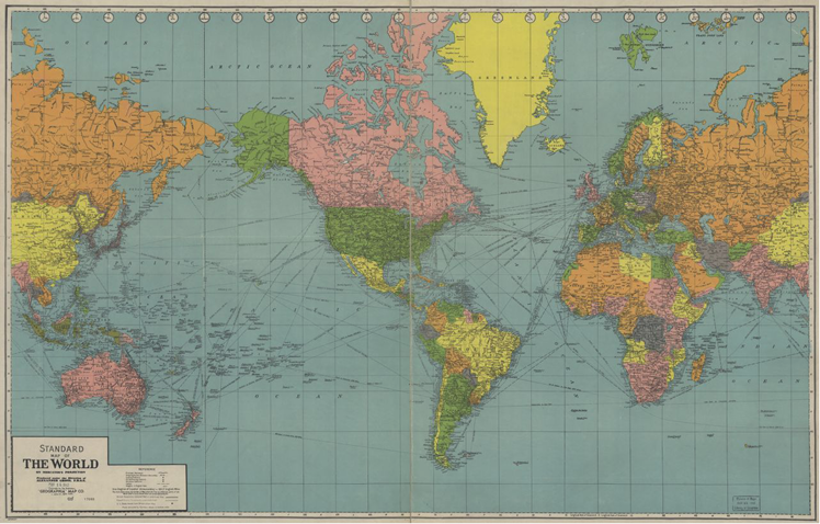 A map of the world. The American continents are in the center of the map. The Eurasian continent is split in the center, half of it on the right side of the map, and half on the left side of the map. This map still shows the USSR.