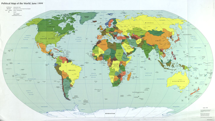 A world map from June 1999. The American continents are on the left side of the map, and the Eurasian continent is on the right.