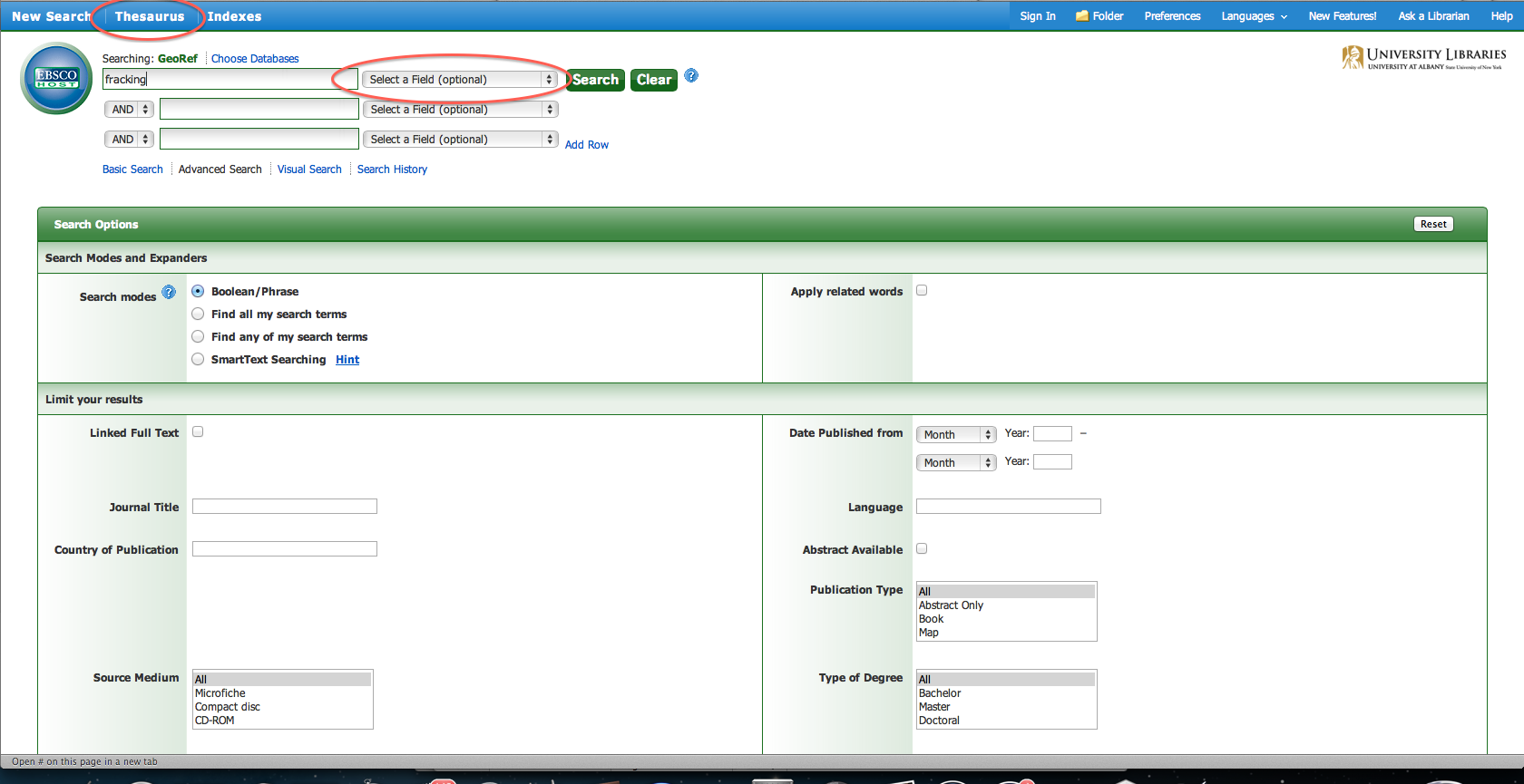 The screenshot shows the Advanced Search page from EBSCO Host, with the Thesaurus link on the top left circle for emphasis, as well as the dropdown next to the first search field labelled "Select a field (optional)"