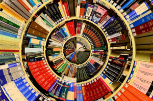 Many books arranged in a spiral