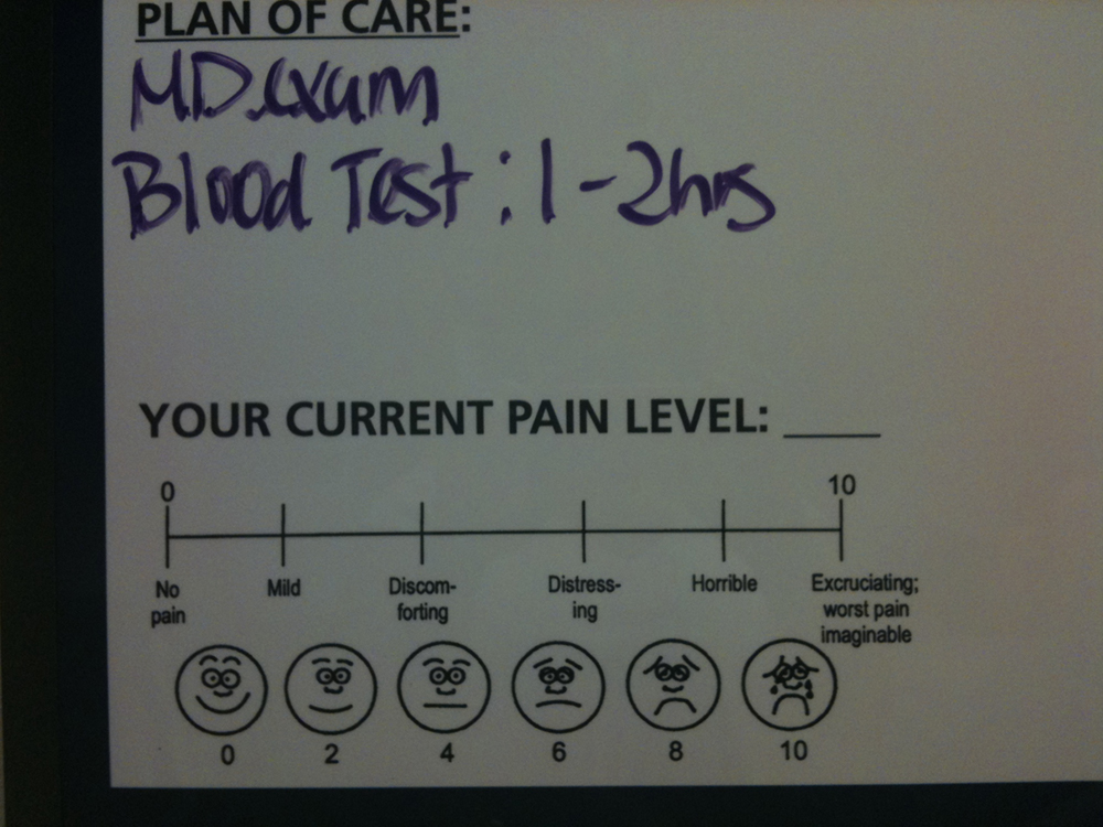 A chart of numerical pain levels ranging from 0 to 10 is shown here.