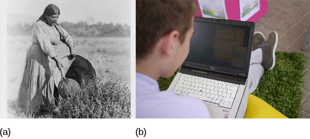 This figure consists of two photographs side by side. The image on the left is a vintage photograph of a woman collecting seeds. The photo on the right is of a young boy looking at his laptop.