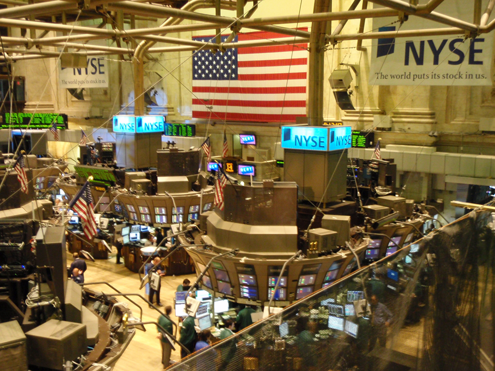 An overhead view of the New York Stock Exchange is shown here.
