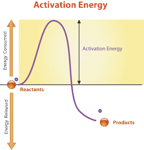 Image shows a graph of the energy change during a chemical reaction. The reactants have a higher energy level than the products, implying that the reaction is exothermic. However, the reaction cannot occur spontaneously, it requires a small input of energy to get started. This input of energy is the activation energy.