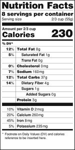 Image shows a nutrition label. It lists information about calories, fat, cholesterol, sodium, carbohydrates, protein and vitamins. This example shows that the food contains 4 grams of dietary fibre per serving.