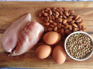 Image shows chicken breasts, eggs, nuts and lentils.