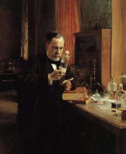 A painting showing Louis Pasteur sitting in his lab examining a substance in a bottle