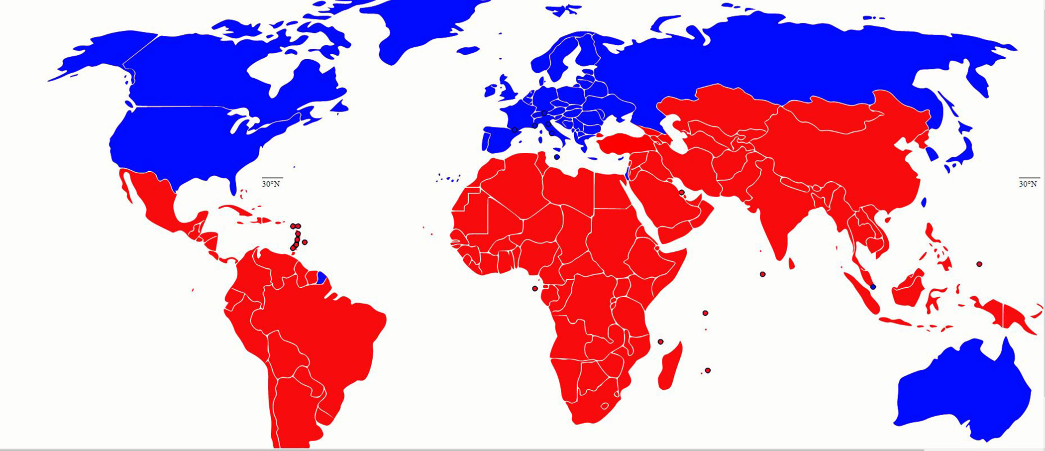 A map depicting the Global North and Global South; the Global North includes countries in the Northern Hemisphere, such as the United States and Europe, including Australia and New Zealand.