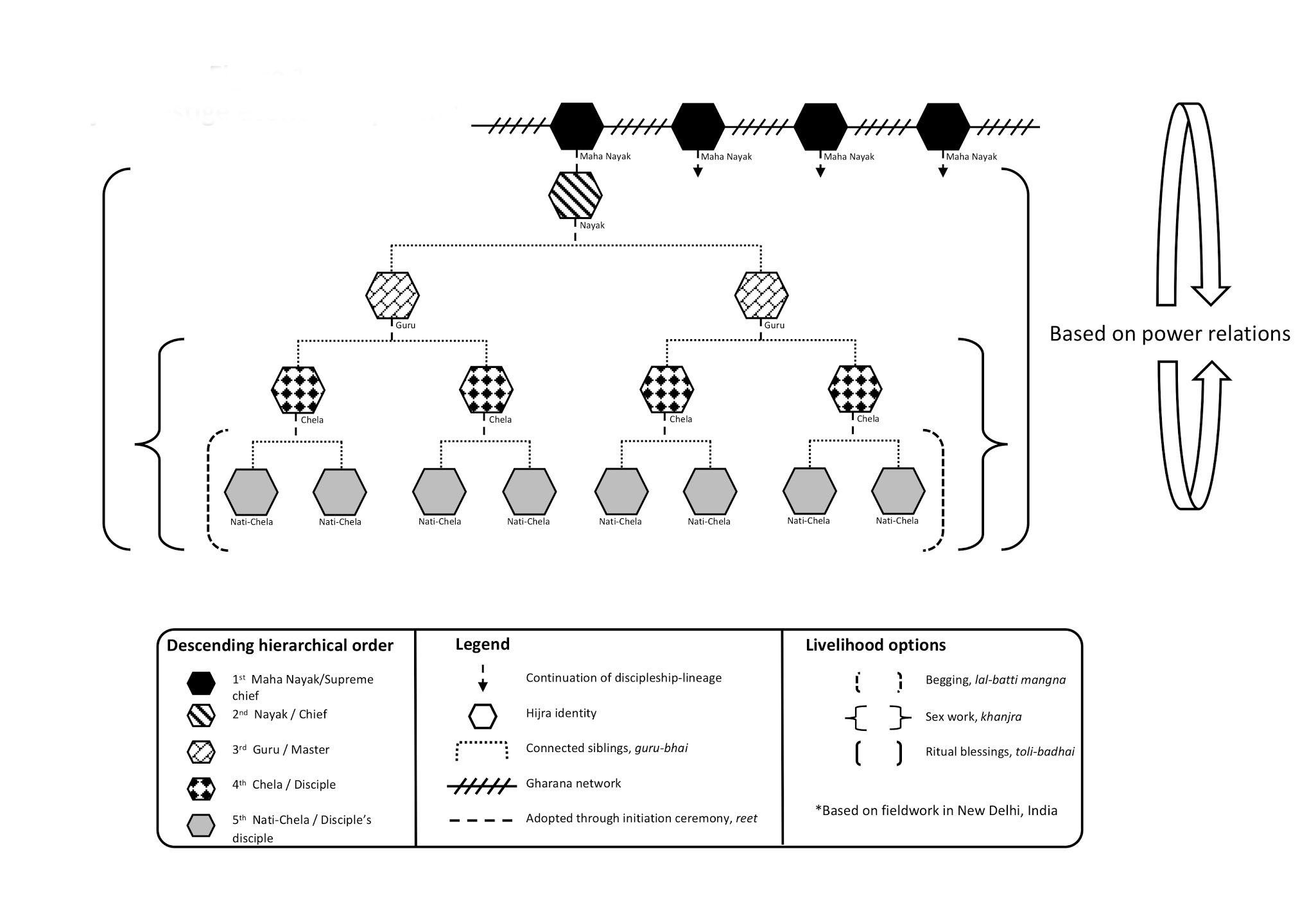 Diagram of a Hijra prestige economy; in descending heirarchical order, the diagram flows from Maha Nayak, Nayak, Guru, Chela, and Nati-Chela.