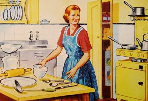Image of a white woman wearing an apron in a kitchen.