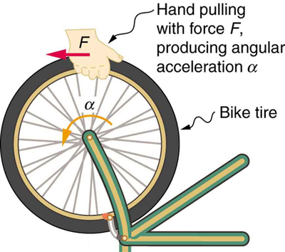The given figure shows a bike tire being pulled by a hand with a force F backward indicated by a red horizontal arrow that produces an angular acceleration alpha indicated by a curved yellow arrow in counter-clockwise direction.