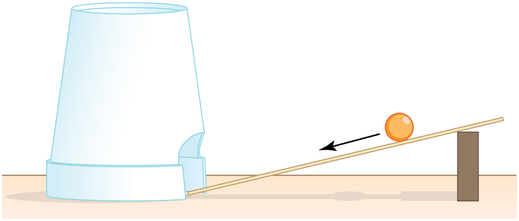 A marble is rolling down a makeshift ramp consisting of a small wooden ruler propped up on one end at about a thirty degree angle. At the bottom of the ramp is a foam drinking cup standing upside-down on its lip. A hole is cut out on one side of the cup so that the marble will roll through the hole when it reaches the bottom of the ramp.