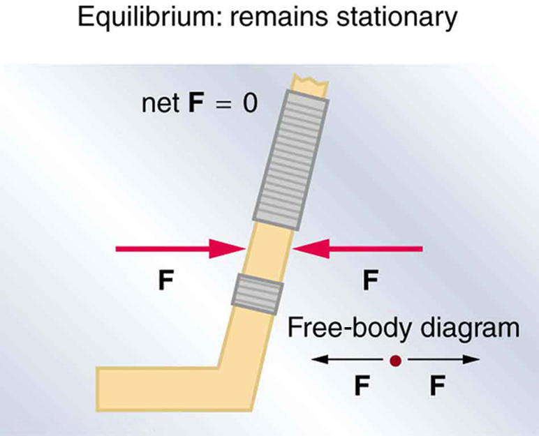 A hockey stick is shown. At the middle point of the stick, two red colored force vectors are shown one pointing to the right and the other to the left. The line of action of the two forces is the same. The top of the figure is labeled as net force F is equal to zero. At the lower right side the free body diagram, a point with two horizontal vectors, each labeled F and directed away from the point, is shown.