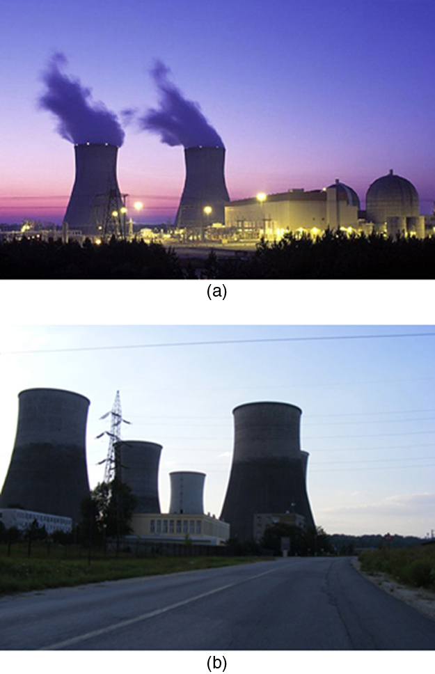 Part a shows a photograph of an operational nuclear power plant in night view. There are dome shaped structures which house radioactive material and vapors are shown to come from two cooling towers. Part b shows a photograph of a coal fired power plant. Several huge cooling towers are shown.