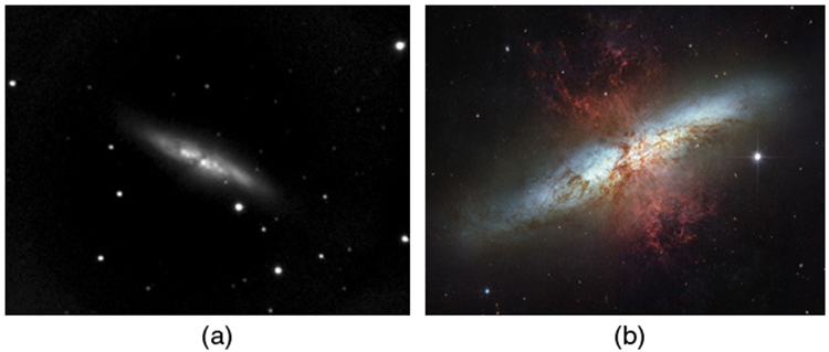 Two pictures of the same galaxy taken by different telescopes are shown side by side. Photo a was taken with a ground-based telescope. It is quite blurry and black and white. Photo b was taken with the Hubble Space Telescope. It shows much more detail, including what looks like a gas cloud in front of the galaxy, and is in color.