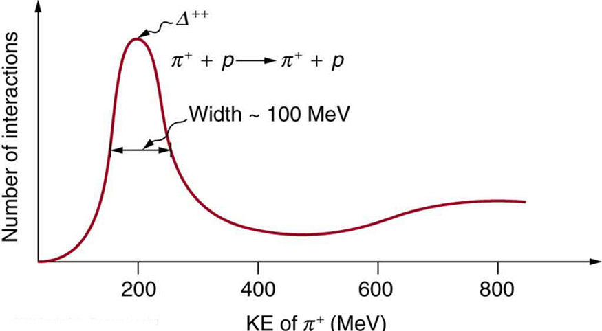 The figure shows a graph of number of interactions on the y axis versus kinetic energy of pion on the x axis. The number of interactions reaches a peak at two hundred mega electron volts where the short lived particle delta plus plus is generated. The width of this peak is approximately hundred mega electron volts.